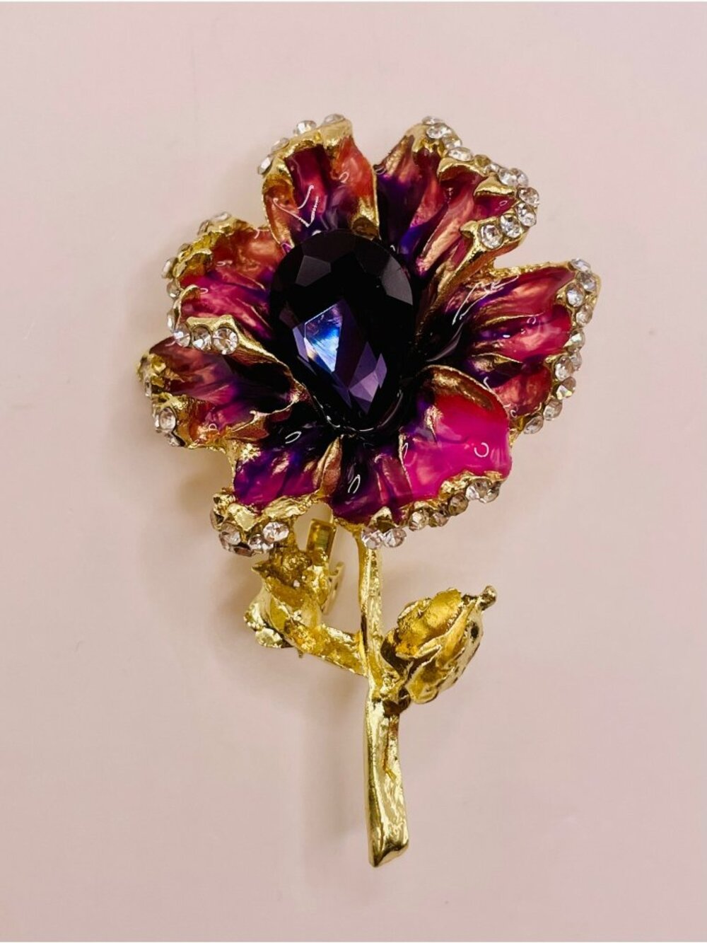 Gold-Tone Enamel Flower Brooch Purple Crystal Center Rhinestone Accents -19B